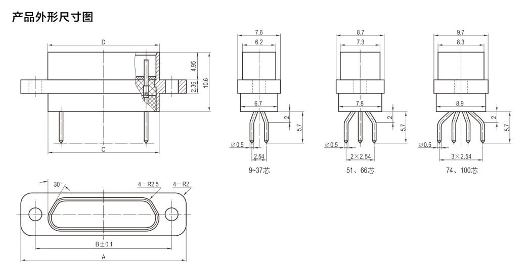 J30J 31-kern vrouwelijke rechtlopende soldeer PCB micro rechthoekige connector